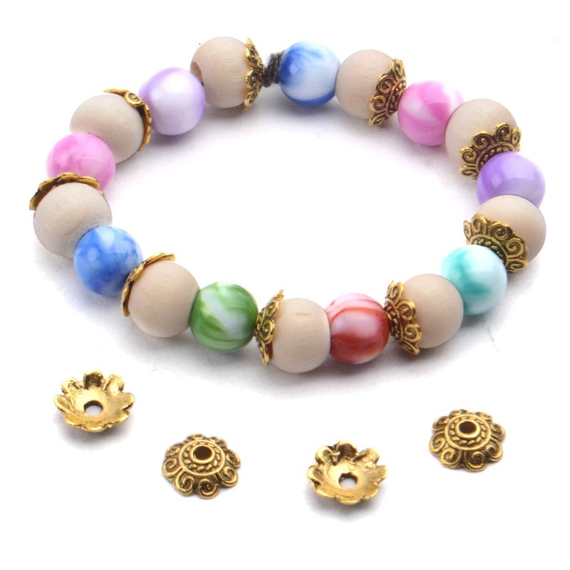 BronaGrand 200pcs 8mm/10mm/12mm Bead Caps Spacer Beads Flower Bead Caps Jewelry DIY Findings for Necklace Bracelet Making,Antique Gold - Image 5